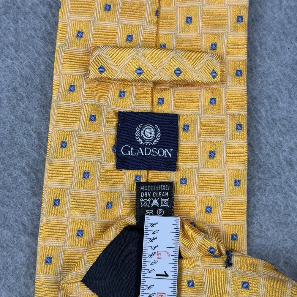 Gladson Italy Gold Blue Geometric Check Silk Men's Neck Tie Wide 59x3.6" - Picture 3 of 7